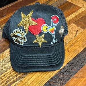 Black Trucker Hat with Sequin Stars, Heart & Cocktail Patches